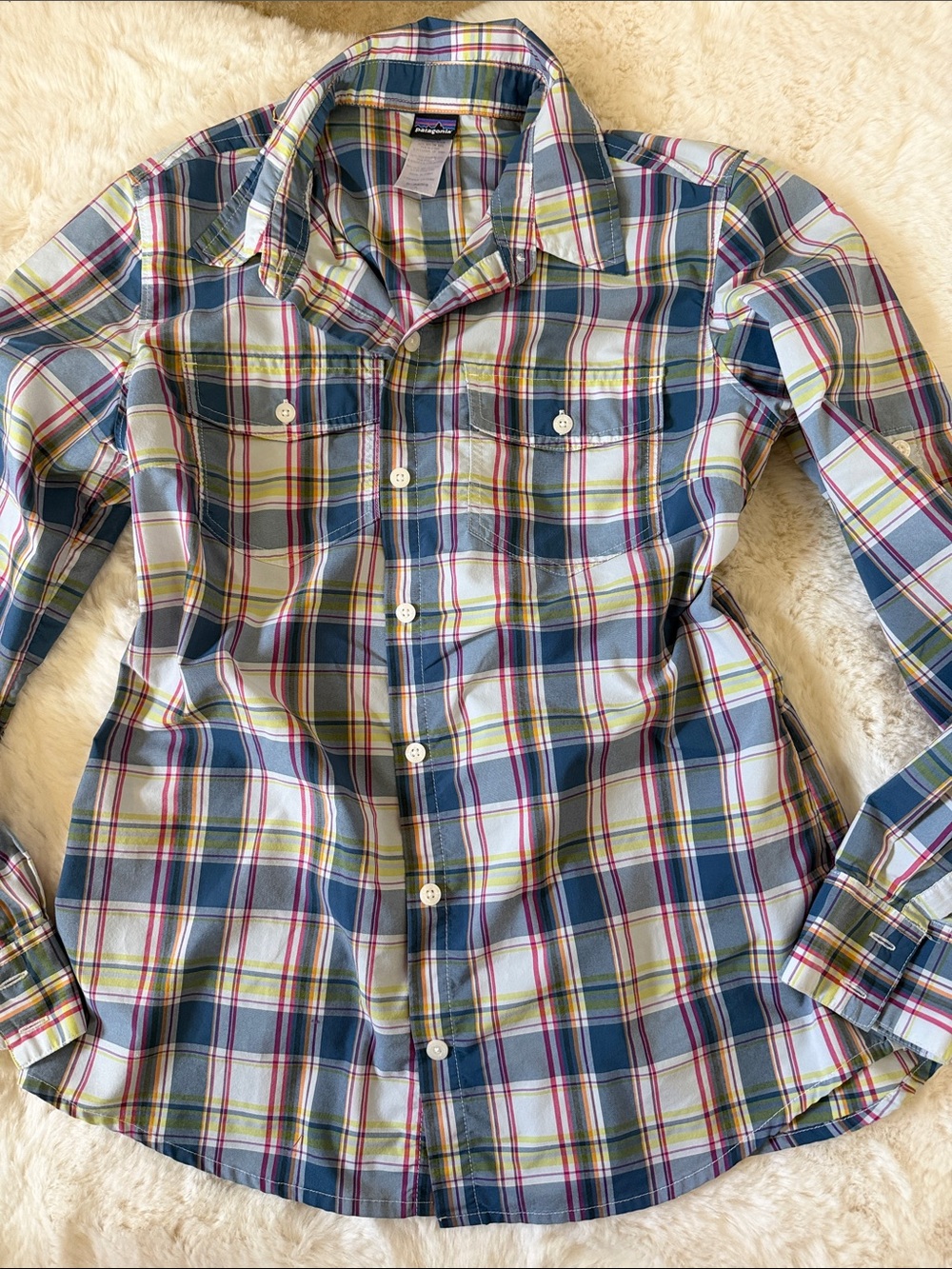 Patagonia Plaid Button-Down Shirt in Blue, Green and Yellow